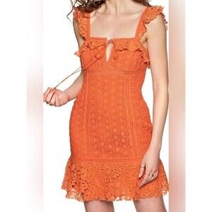 Free People Cross My Heart Mini Dress Size 4 Orange Crochet Lace Boho